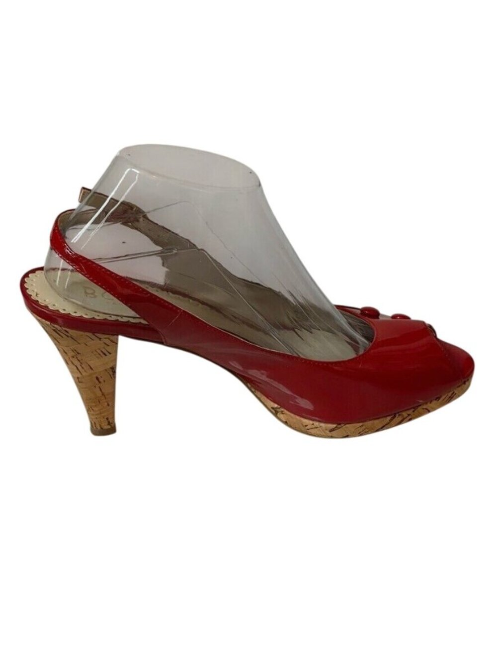 BCBG Paris Red Patent Leather Peep-Toe Slingback Heels With Cork Wedge Size 9B - Picture 9 of 12